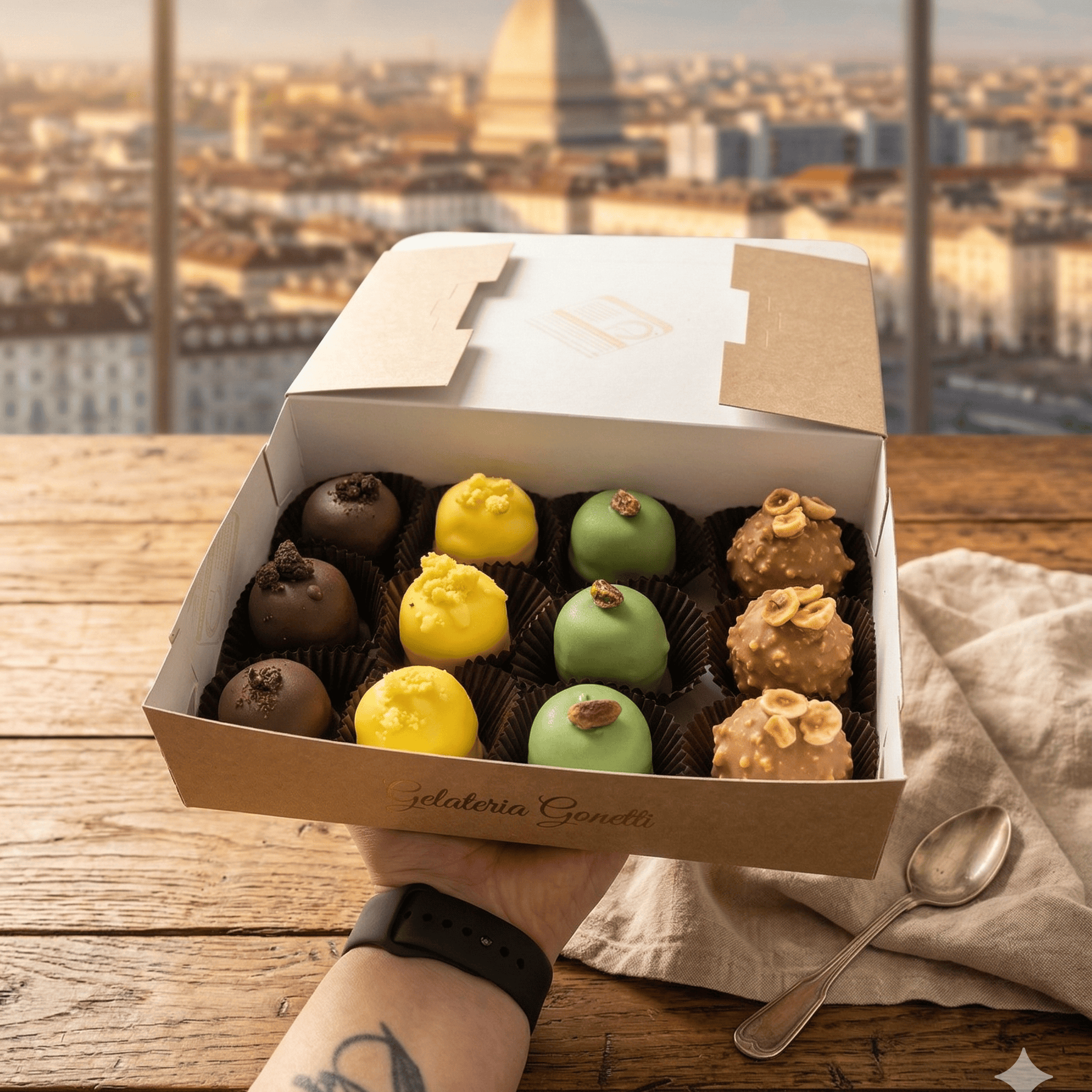 Vassoio con 12 BonBon Semifreddo Gran Mix della Gonetti Gelato e Torte, semifreddo artigianale senza glutine e lattosio.
