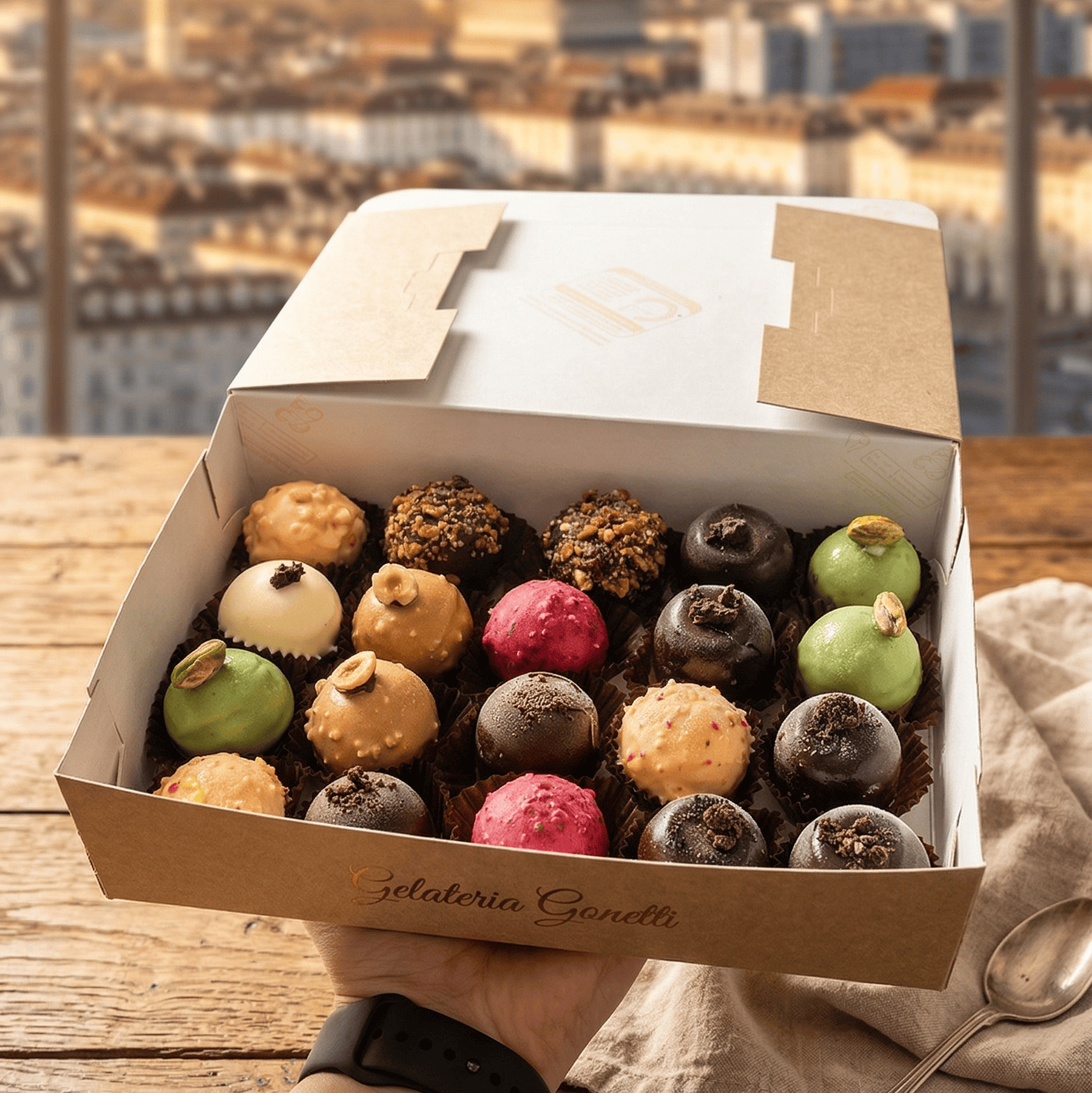 Vassoio di 20 BonBon Semifreddo Gran Mix Gonetti, dolcetti artigianali senza glutine e lattosio, decorati e pronti da gustare