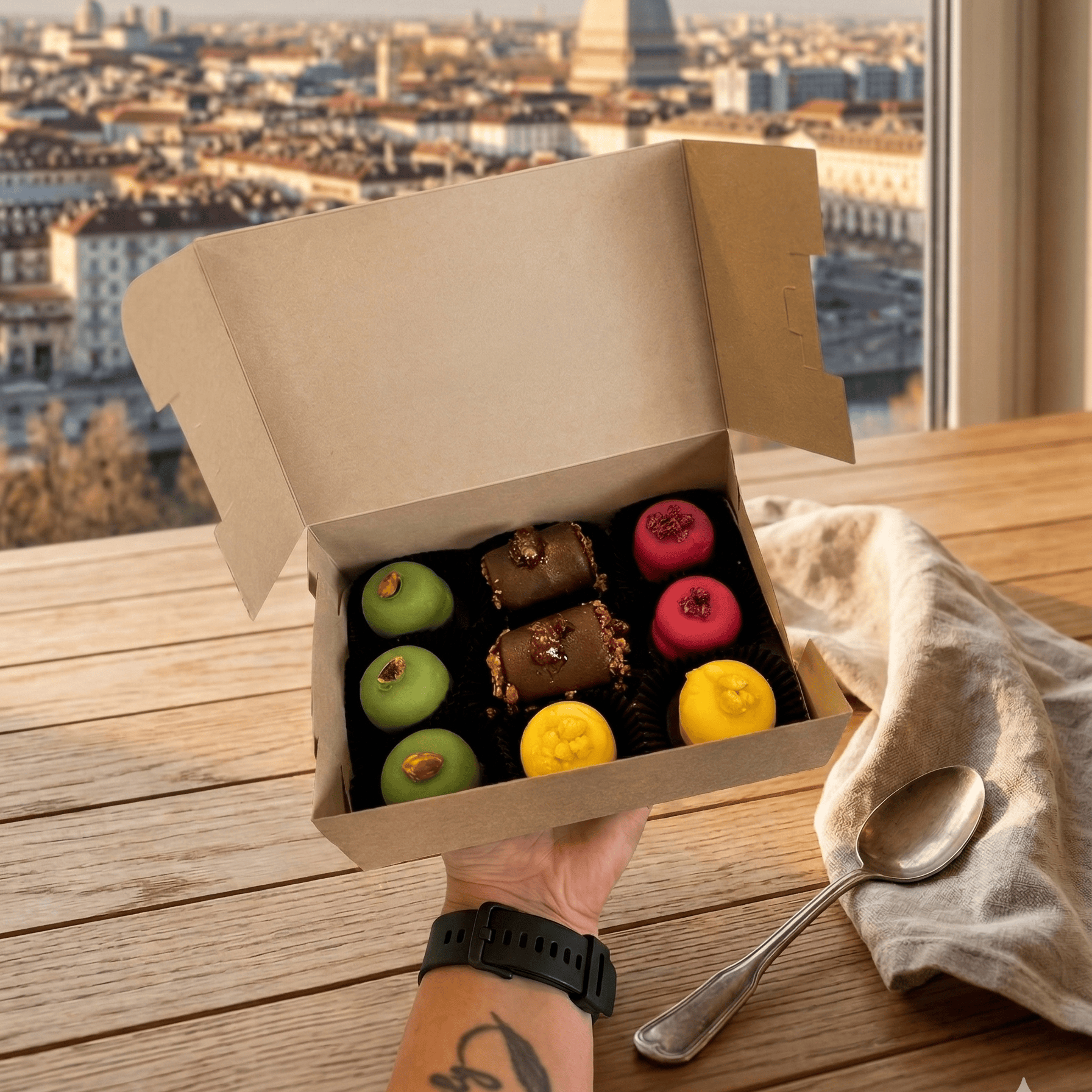 Vassoio con 9 bon bon semifreddo artigianali Gran Mix di Gonetti Gelato e Torte senza glutine e lattosio.